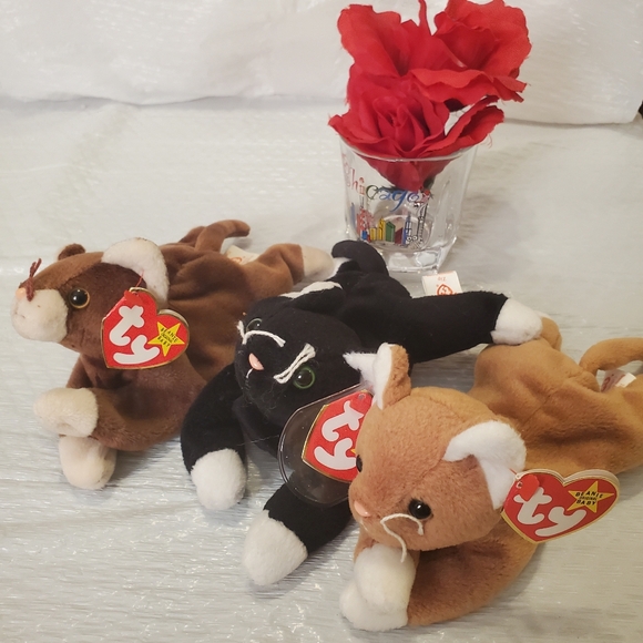 TY Plush Cat Trio Zip,Nip, Pounce MWT PVC Pellets